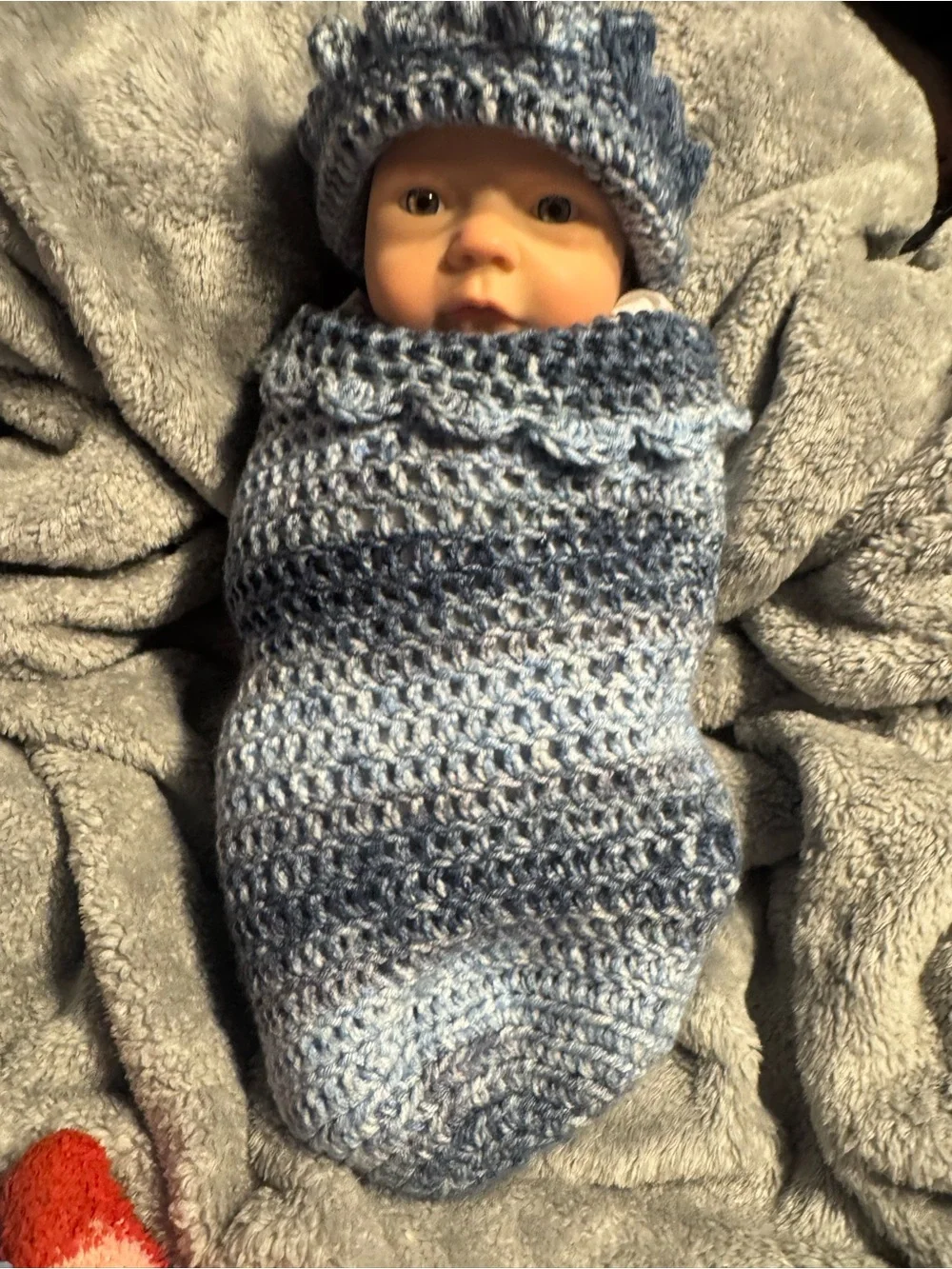 Handmade Crochet Baby Swaddle Sack and Hat Set in Blue Ombre